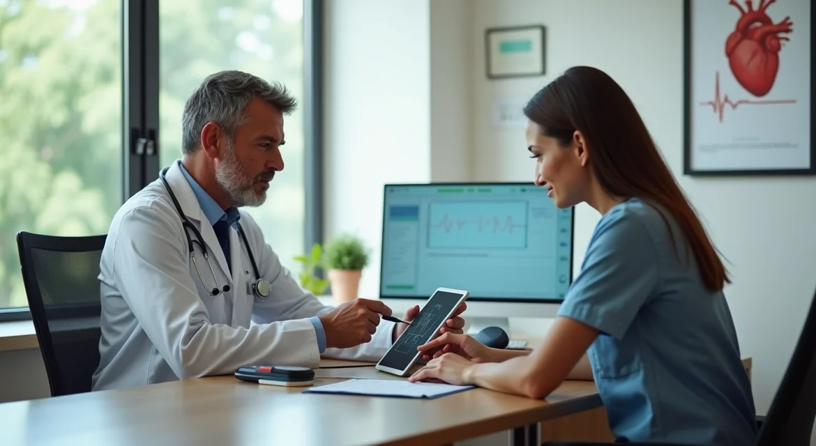 Cardiologista conversando com paciente em consultório acolhedor