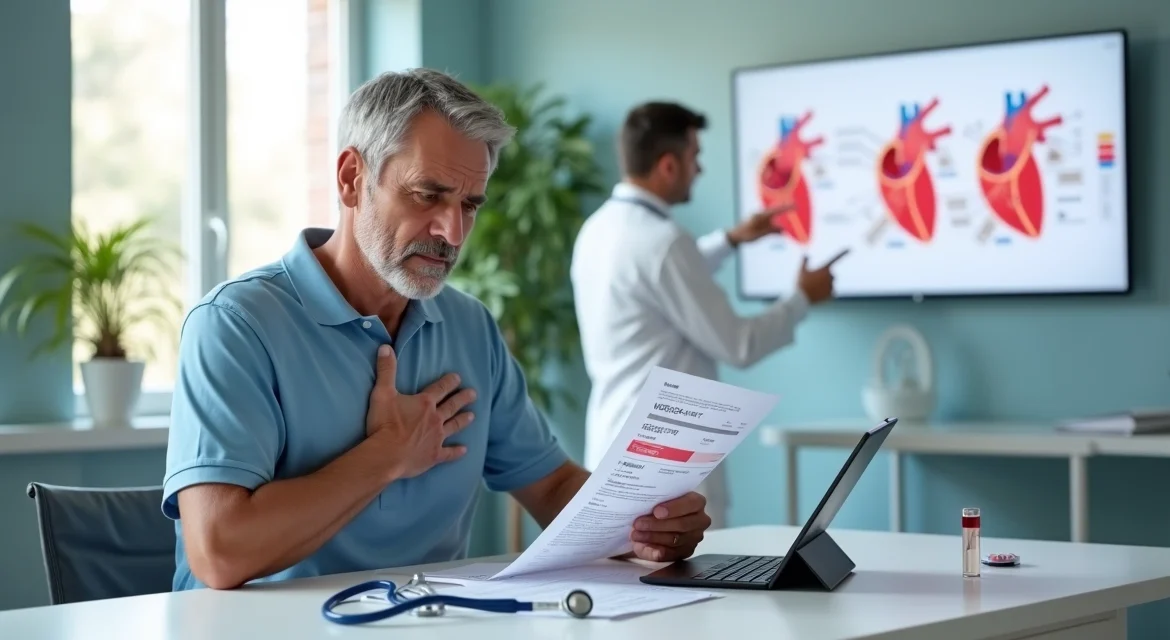 Pessoa adulta toca o peito enquanto observa exame de sangue para colesterol alto