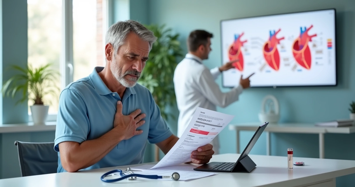 Pessoa adulta toca o peito enquanto observa exame de sangue para colesterol alto