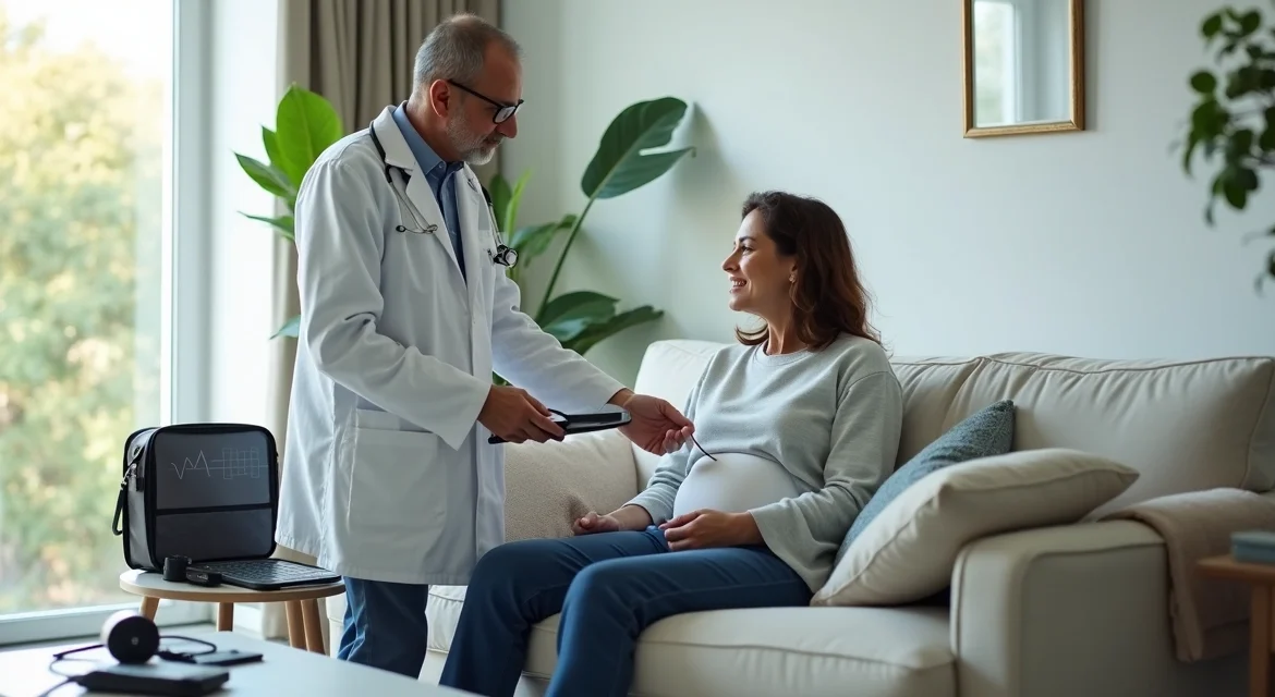 Médico realizando exame cardiológico domiciliar em paciente em casa