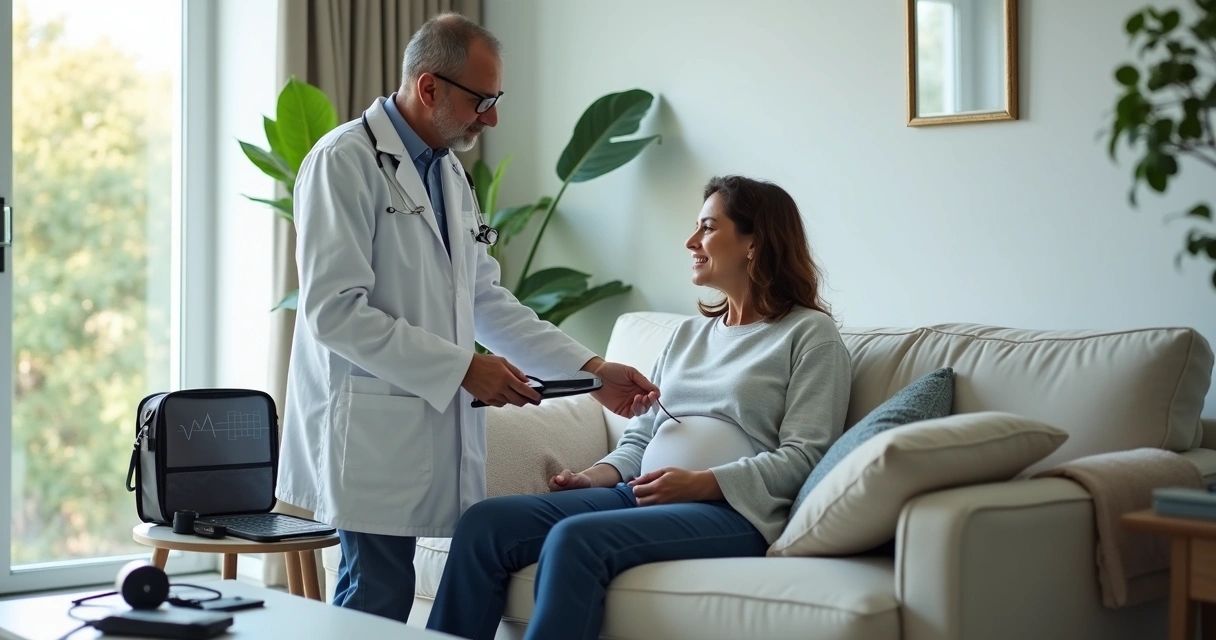 Médico realizando exame cardiológico domiciliar em paciente em casa