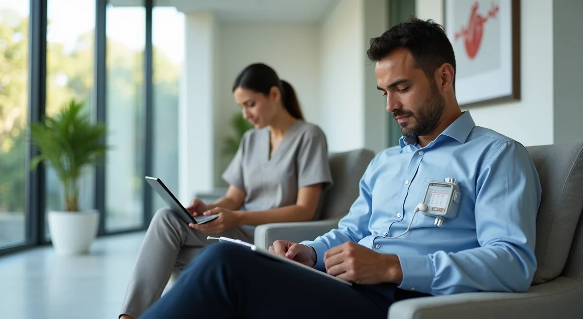 Profissional ocupado realizando exame cardíaco enquanto trabalha em tablet