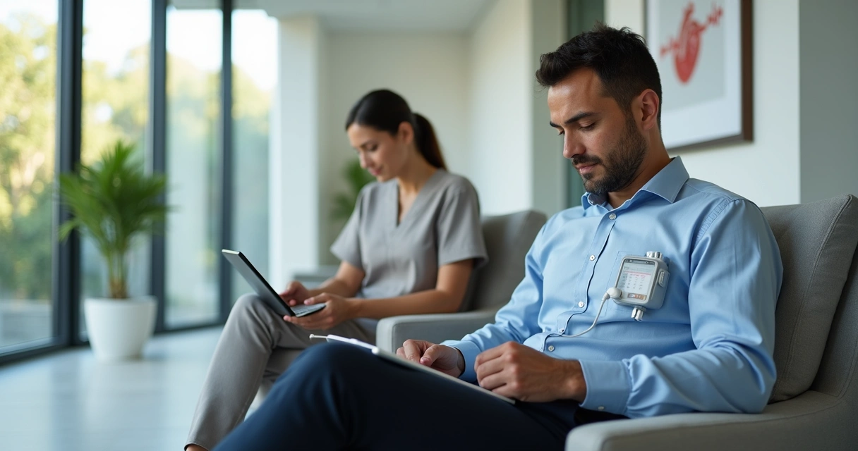 Profissional ocupado realizando exame cardíaco enquanto trabalha em tablet