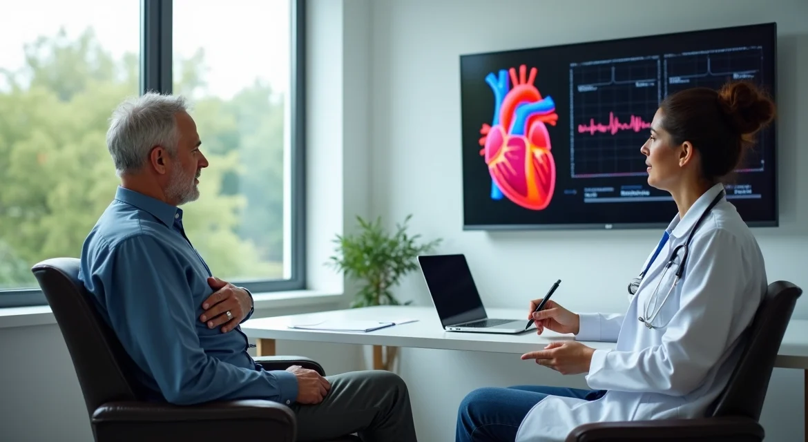 Cardiologista mostra exame de coração em tela para paciente em consultório moderno