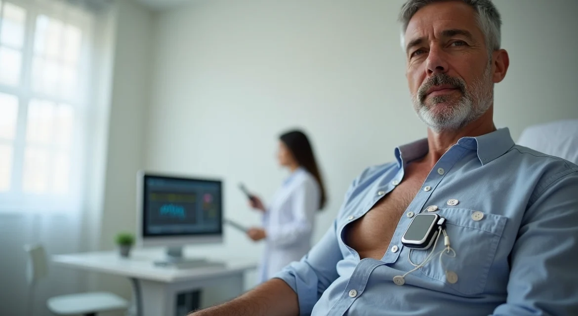 Paciente usando aparelho de Holter no peito em ambiente de clínica cardiológica
