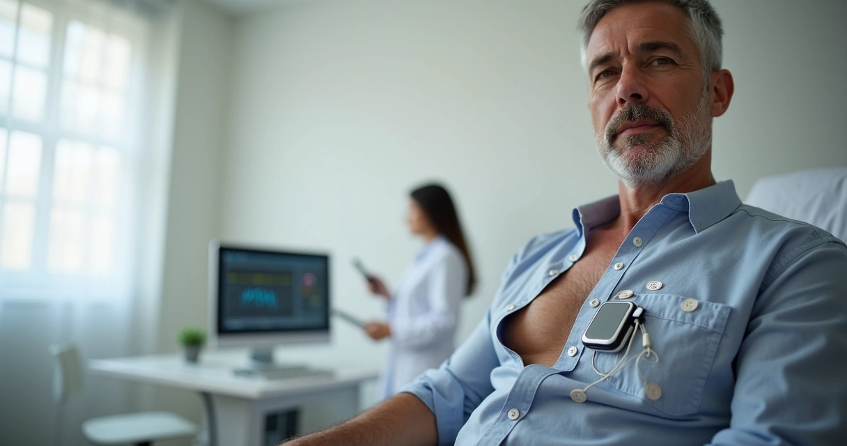 Paciente usando aparelho de Holter no peito em ambiente de clínica cardiológica