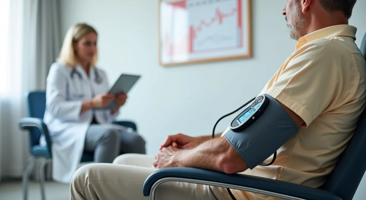 Paciente usando aparelho de MAPA 24h em consultório de cardiologia