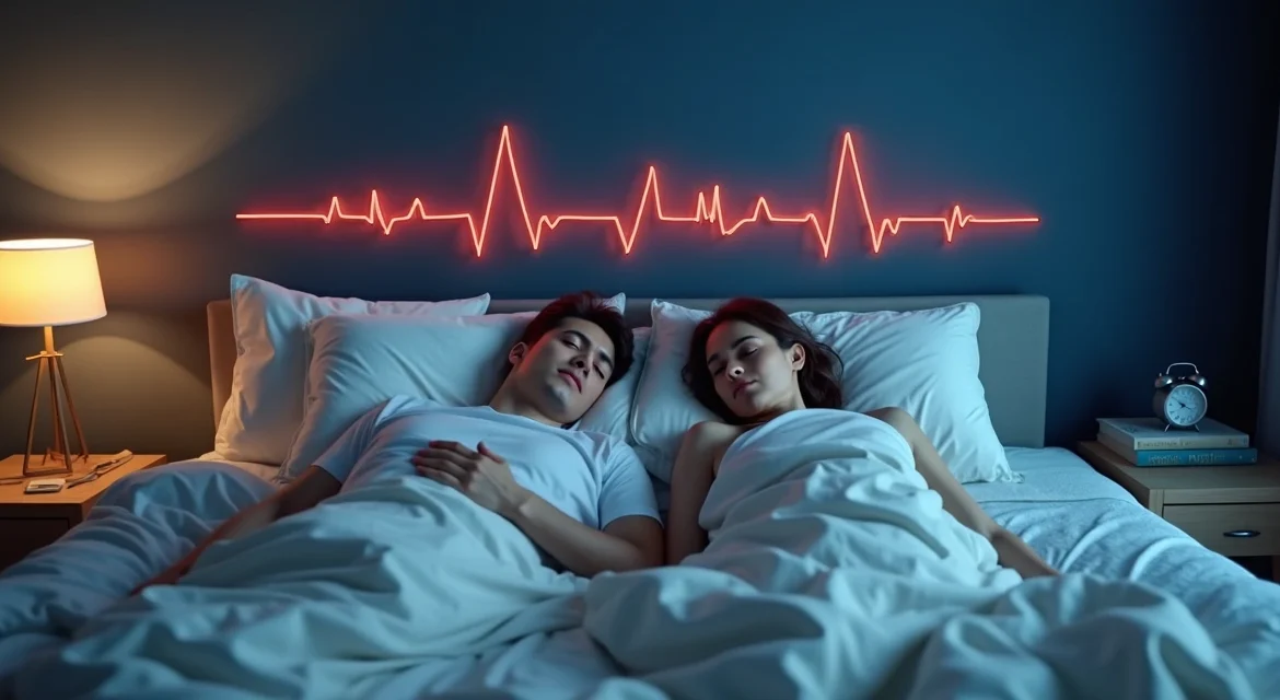 Casal dormindo em cama com ilustração de batimentos cardíacos ao fundo
