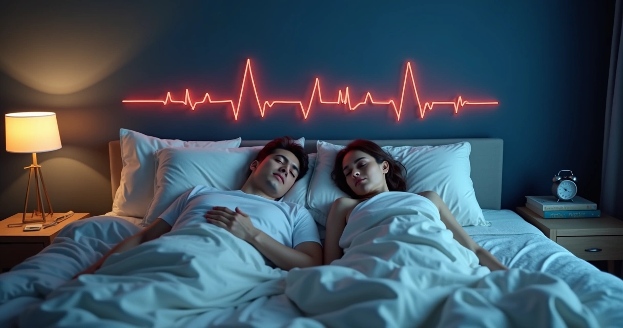 Casal dormindo em cama com ilustração de batimentos cardíacos ao fundo