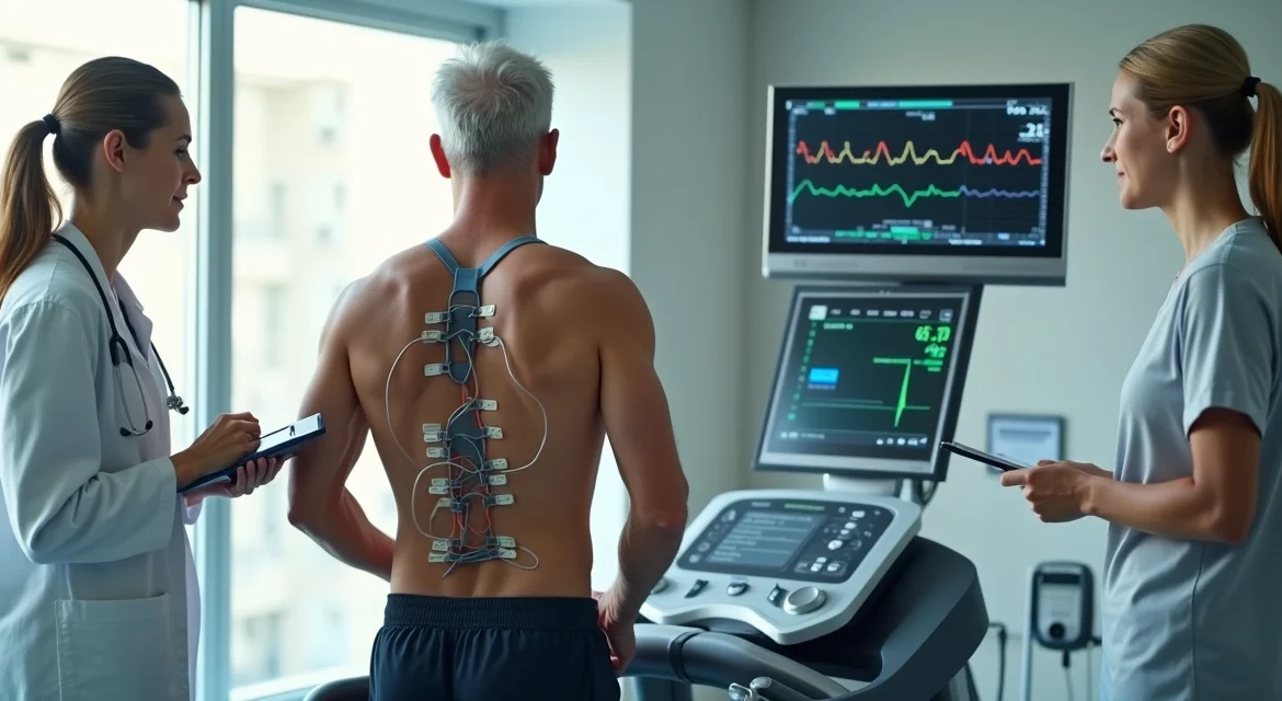 Paciente realizando teste ergométrico em esteira com médico monitorando os sinais cardíacos