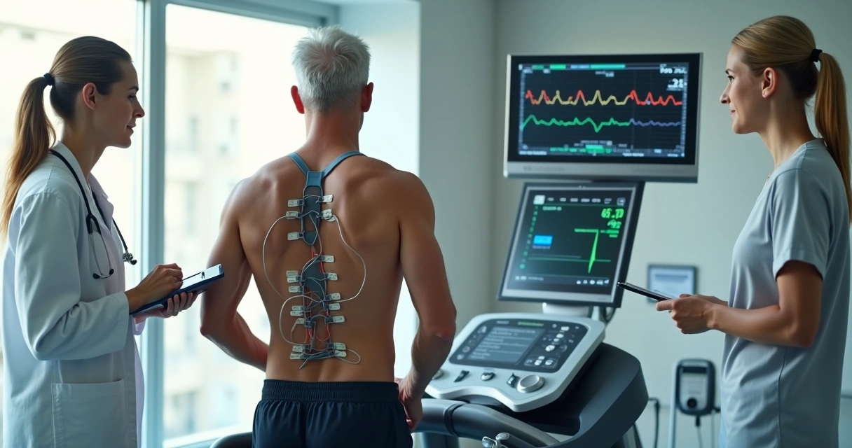 Paciente realizando teste ergométrico em esteira com médico monitorando os sinais cardíacos